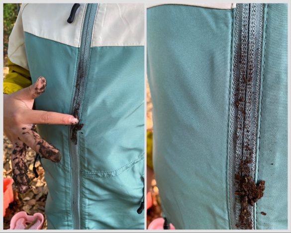 左:チャック部分に泥をつけてみたところ 右:チャック部分に泥をつけた後