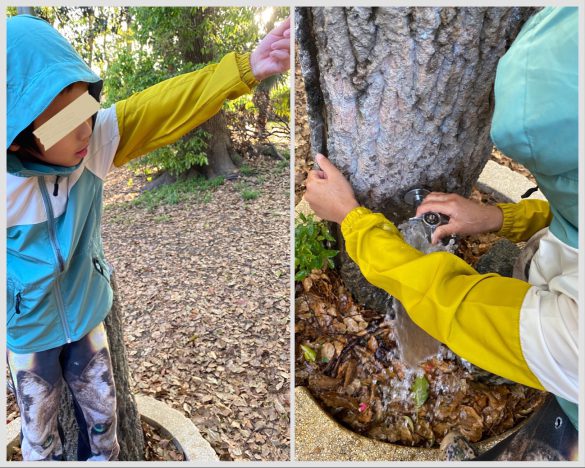 左：不思議がり袖を確認する息子　右：何度も水をかけ続ける姿