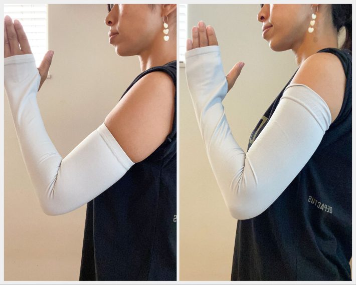 左：ワークマン「エアロガード防虫レディースアームスリーブ」（税込680円）／右：ユニクロ「エアリズムUVカットシームレスアームカバー」（税込990円）