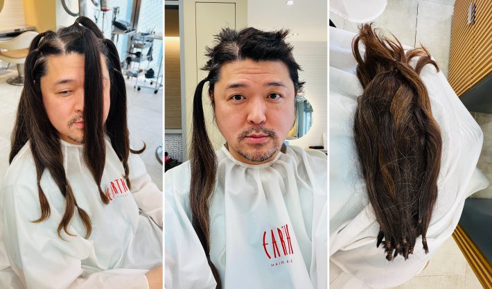 ヘアドネーションのため、長く伸ばした髪を切っている326さん