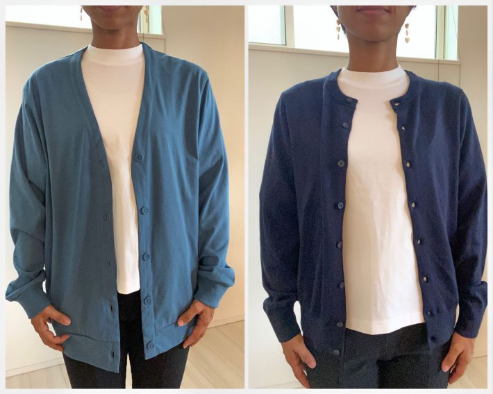 左：ワークマン「ライトイージーカーディガン」（税込980円）／右：ユニクロ「UVカットクルーカーディガン」（税込1280円）