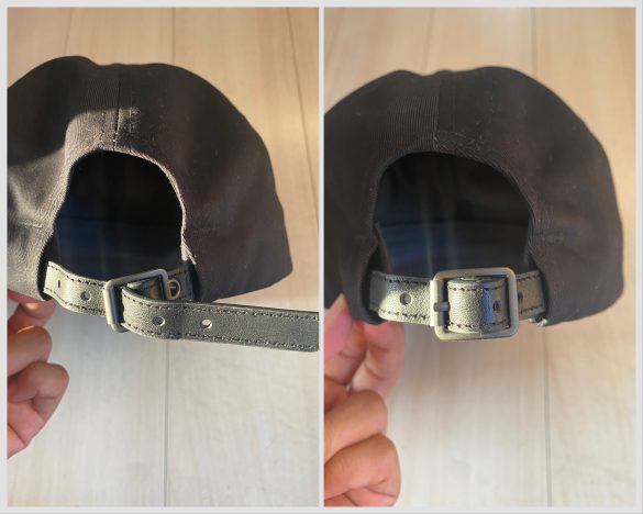 ユニクロキャップ（右：ベルトを緩めたところ　左：ベルトを固定したところ）
