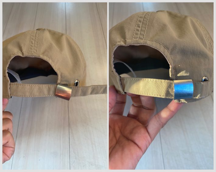 ワークマンキャップ（右：バックルを外したところ　左：カチッとバックルを固定したところ）