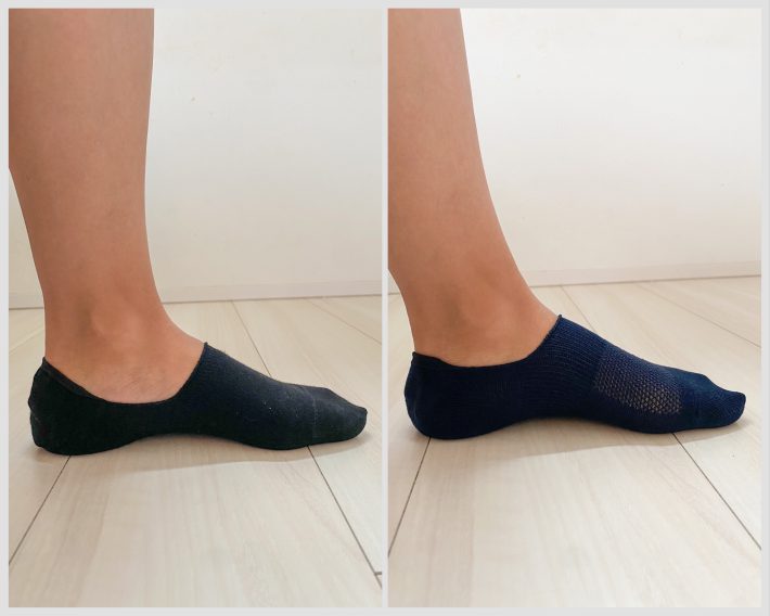 左：ユニクロ「ベリーショートソックス（3足組）」（税込990円）／右：ワークマン「ソックス」（税込299円）