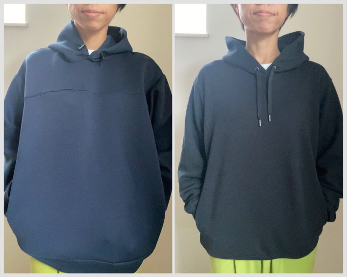 左：ワークマン「ダブルフェイスビッグシルエットフーディ」1500円（以下、税込）右：ユニクロ「スウェットプルパーカ（長袖）」3990円
