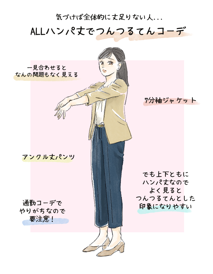 全体的に丈が短いつんつるてんコーデ