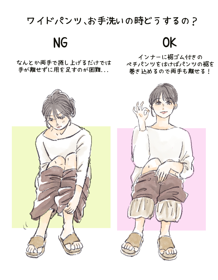 お手洗いでワイドパンツを下ろすときのお作法