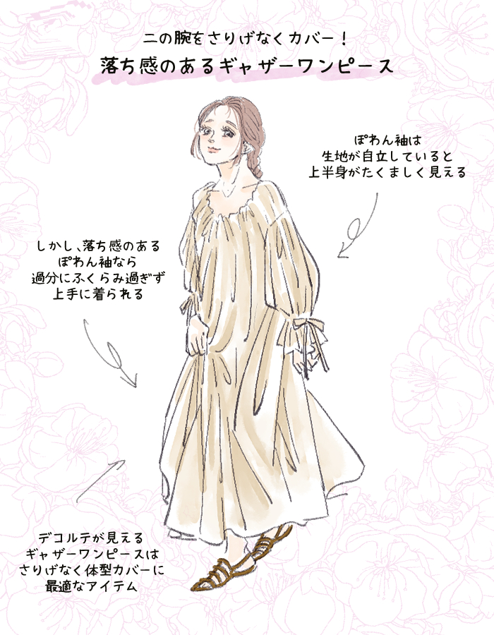 落ち感が可愛い、リネンのギャザーワンピ