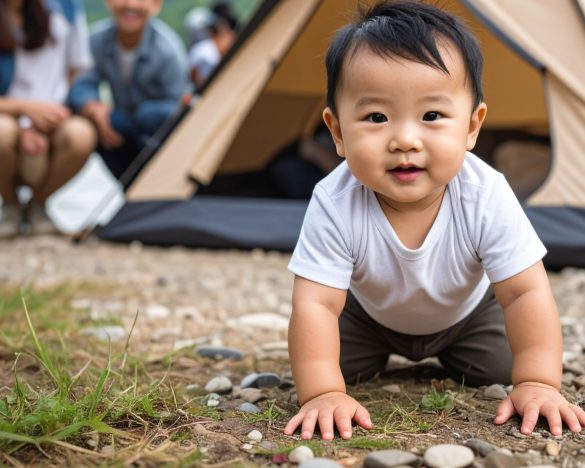 キャンプでハイハイする赤ちゃん