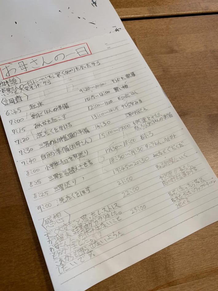 お母さんの一日を書いたノート